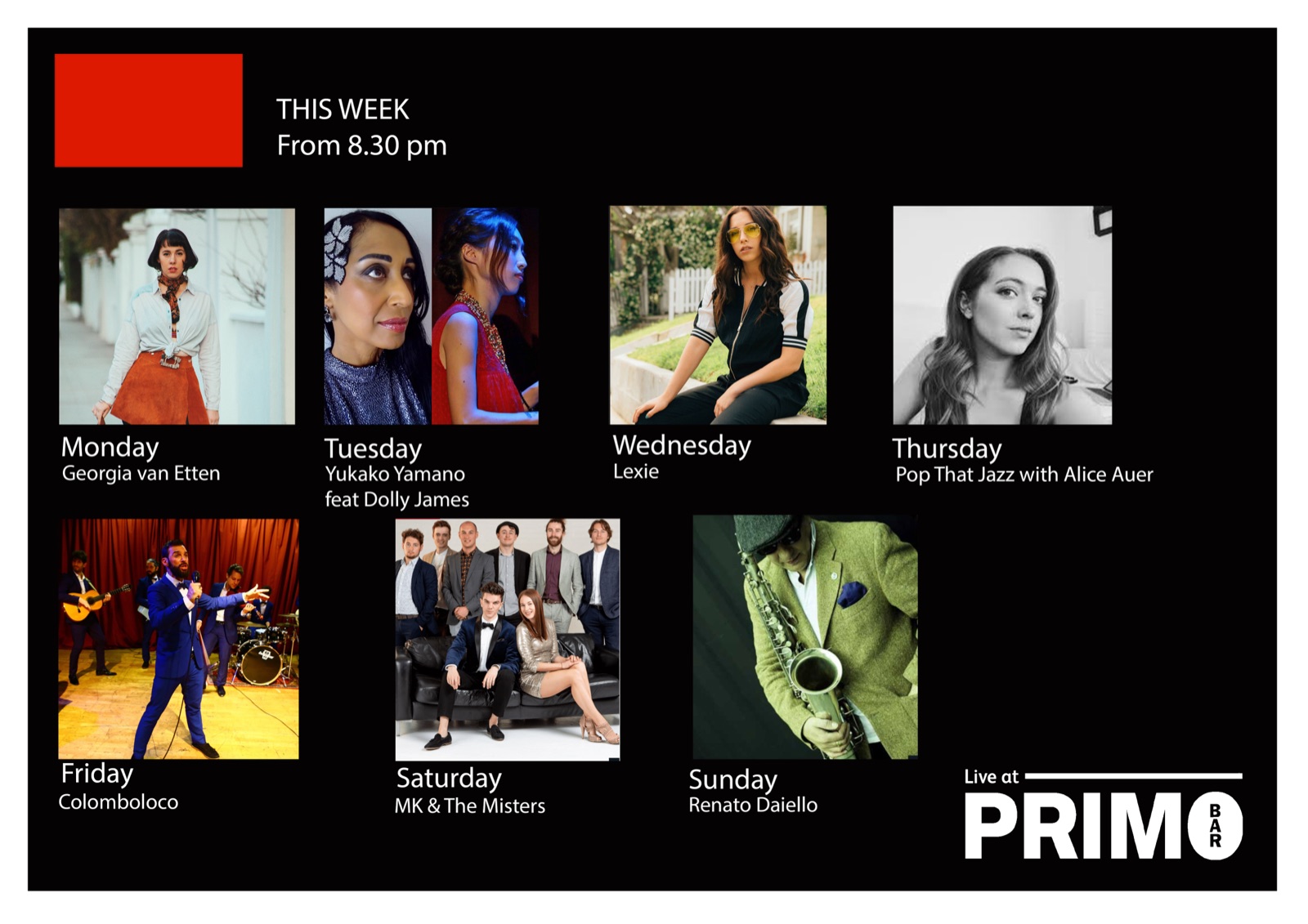 Weekly live music poster for Primo Bar, seven nights of performers laid out on black
