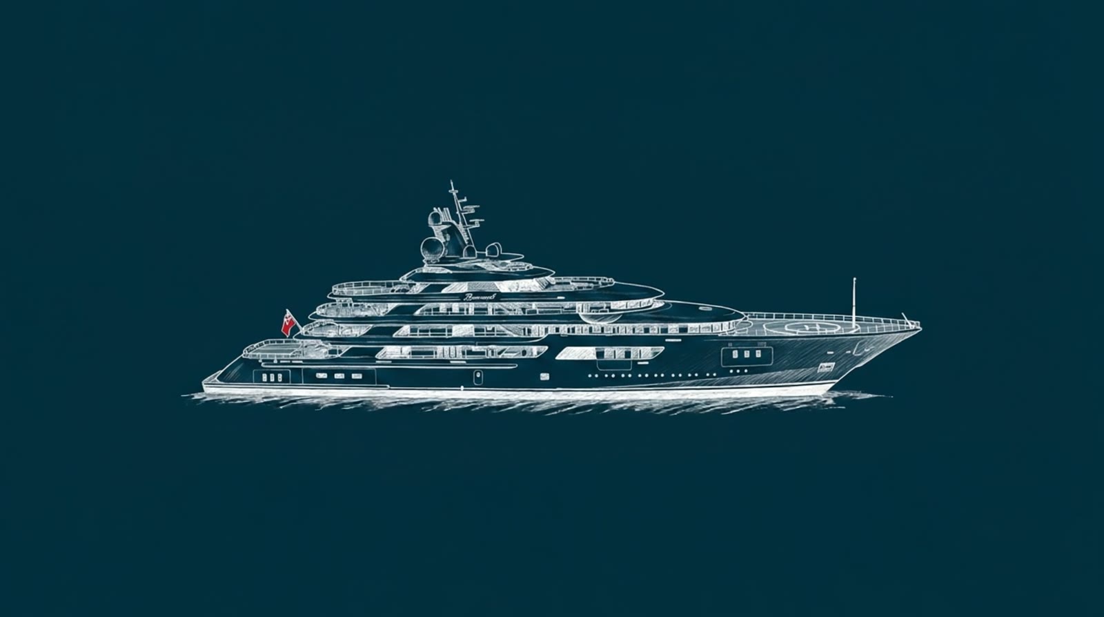 Still from the ink animation, a Lürssen yacht in white line on navy