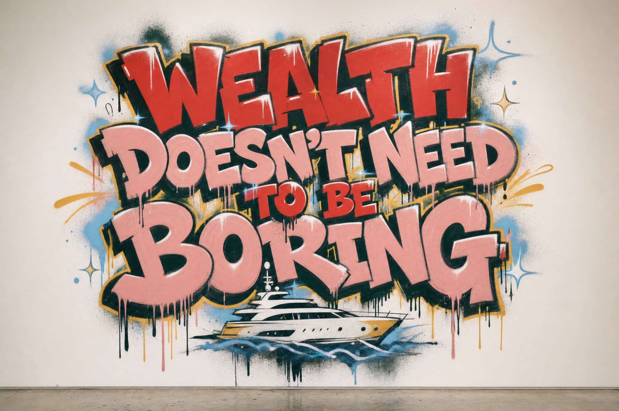 Graffiti lettering reading Wealth doesn't need to be boring, with a small yacht beneath