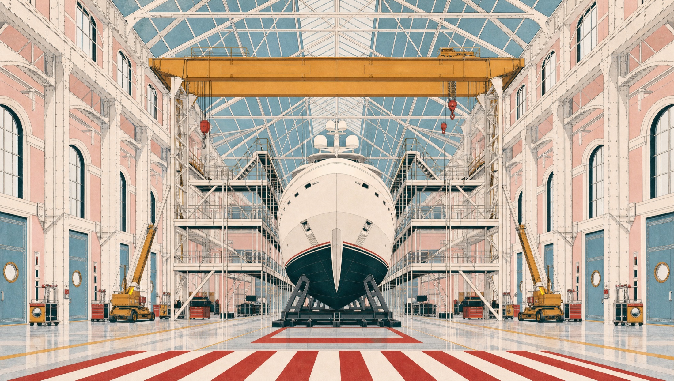 Illustration of a superyacht on its cradle in a grand shipyard hall